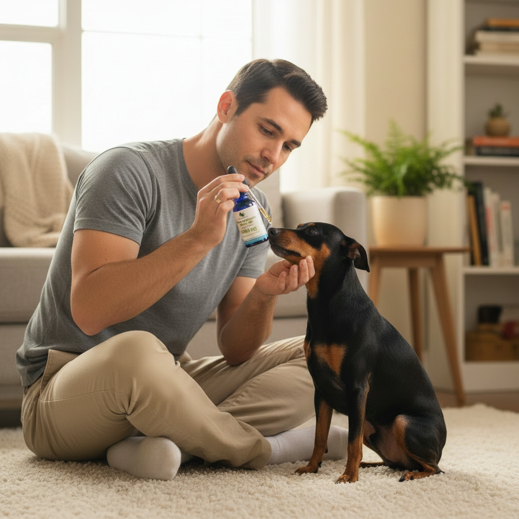 Pet hemp oil bottle with dropper, dog receiving drops