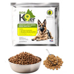 Emergency dog food ration pouch with kibble in bowl and scoop, brown kibble