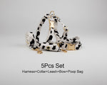 5-piece pet set: heart-print harness, collar, leash, bow tie, poop bag; gold hardware