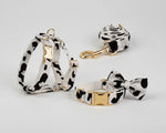 Heart-print collar with bow tie, plus leash and poop bag dispenser; gold clips