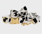 Bowtie collar set: white fabric with black heart print, gold buckle and O-ring