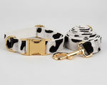 Collar, bow tie and leash set in white with black spots with gold clasps