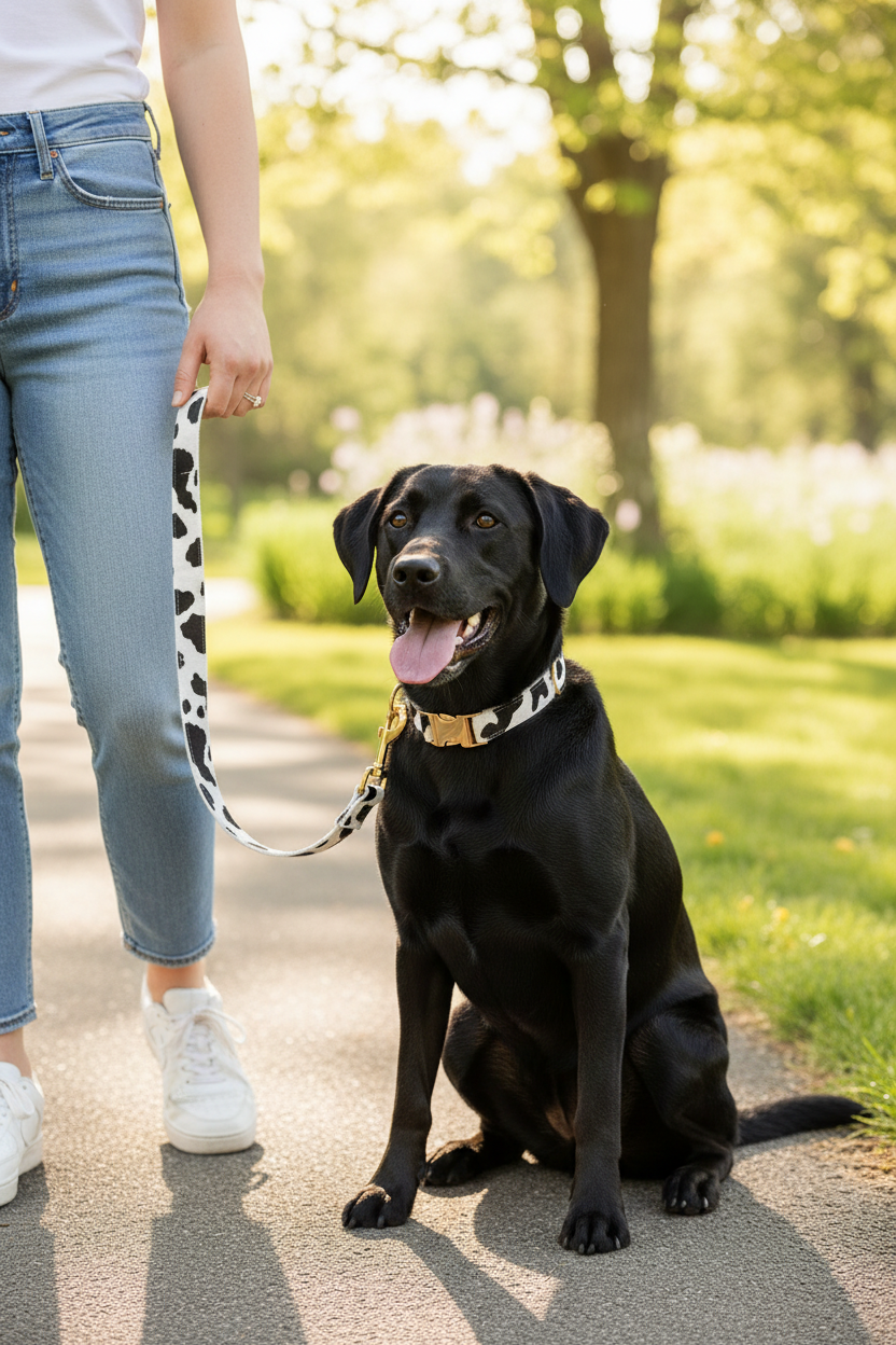 Dog wearing cow-spotted collar with matching leash and gold hardware, outdoors