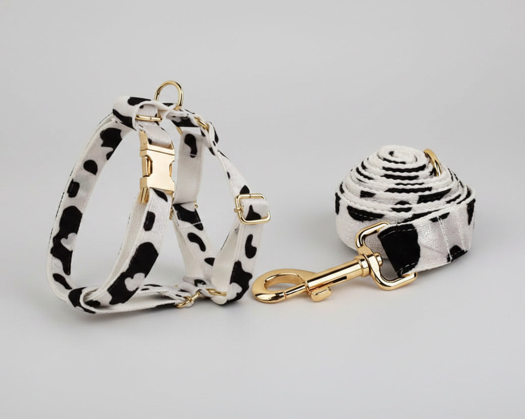 Harness and leash set: white-and-black heart print straps with gold hardware