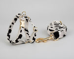 Harness and leash set: white-and-black heart print straps with gold hardware