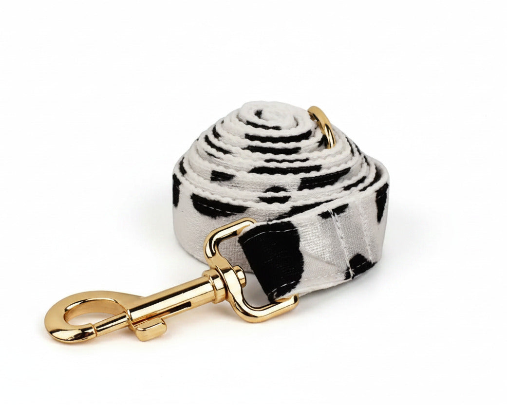 Leash with clasp on rolled fabric strap; white with black spot pattern