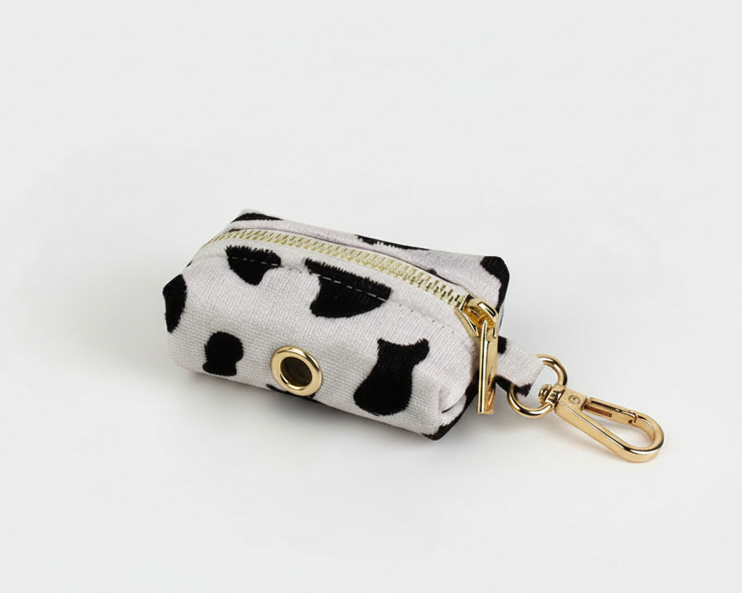 Poop bag holder: white heart-print pouch with gold clasp and carabiner