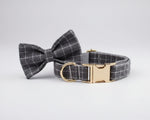 Graues Karomuster-Halsband mit Fliege, goldfarbener Klammer und D-Ring