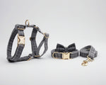 Graues Karogeschirr-Set mit Fliege, Halsband, Leine und goldenen Verschlüssen