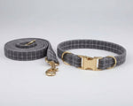 Graues Karomuster-Halsband und Leine mit goldfarbenem Metallverschluss