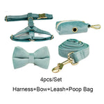 Teal velvet pet set: harness, bow collar, leash, poop bag holder