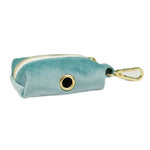 Teal velvet poop bag holder with gold carabiner clip