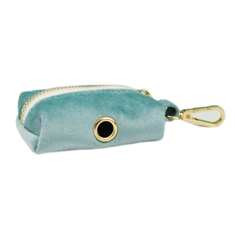 Teal velvet poop bag holder with gold carabiner clip