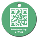 Green round QR pet ID tag with PetHub.com/tag/A2B3C4