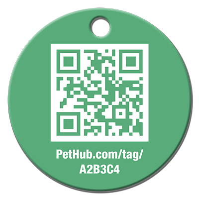 Green round QR pet ID tag with PetHub.com/tag/A2B3C4