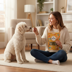 Dog beside pet owner holding freeze-dried green bean treats pouch on rug