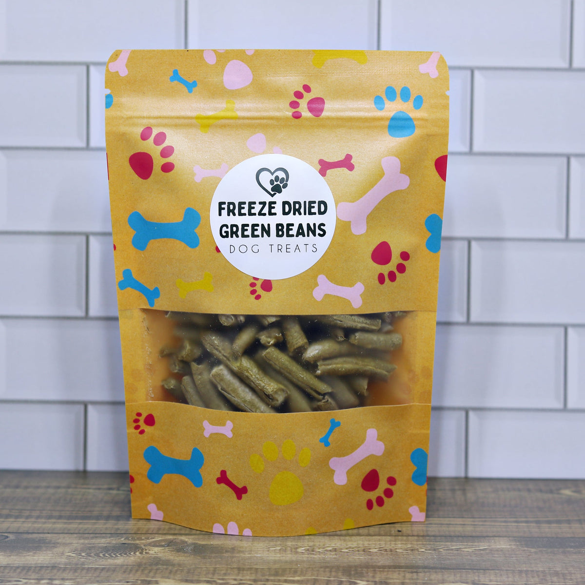 Freeze-dried green bean dog treats pouch with clear window of green beans