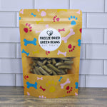 Freeze-dried green bean dog treats pouch with clear window of green beans