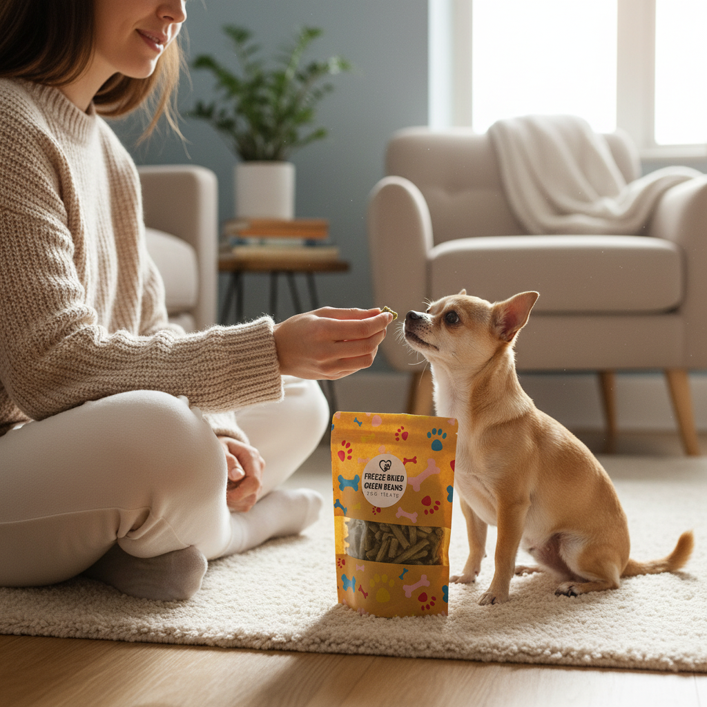 Green bean freeze-dried dog treats pouch with dog sniffing on rug