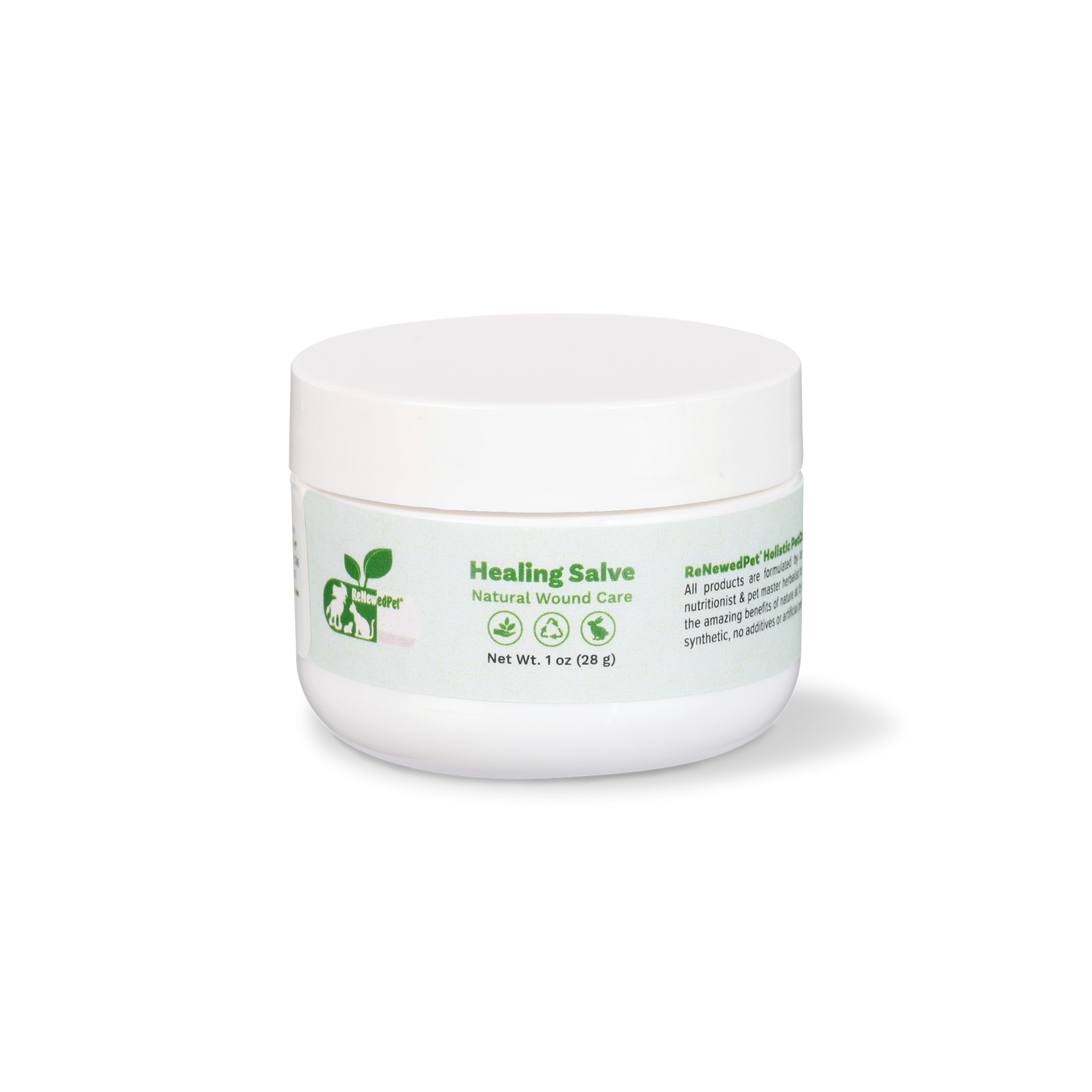 Healing salve jar with white lid and green label, net wt 1 oz (28 g)