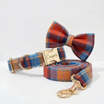 Midnight copper plaid dog collar and leash with bow tie, gold hardware