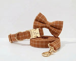 Brown plaid dog collar set with bow tie, leash, and personalized ID tag
