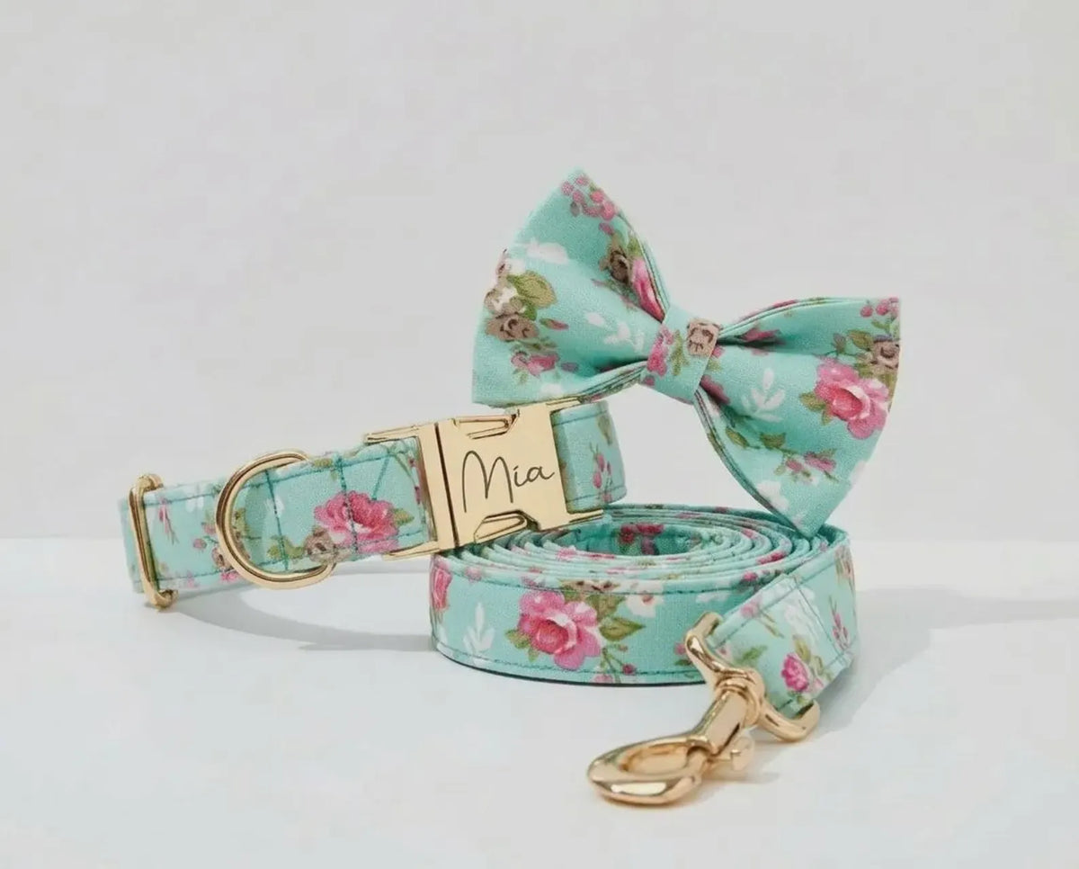 Personalized floral teal dog collar with bow tie and matching leash
