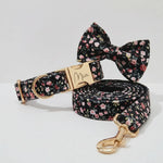Floral dog collar and matching leash with bowtie, black with pink blossoms and gold hardware