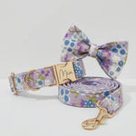 Personalized lilac meadow floral dog collar with bow tie and matching leash, gold hardware