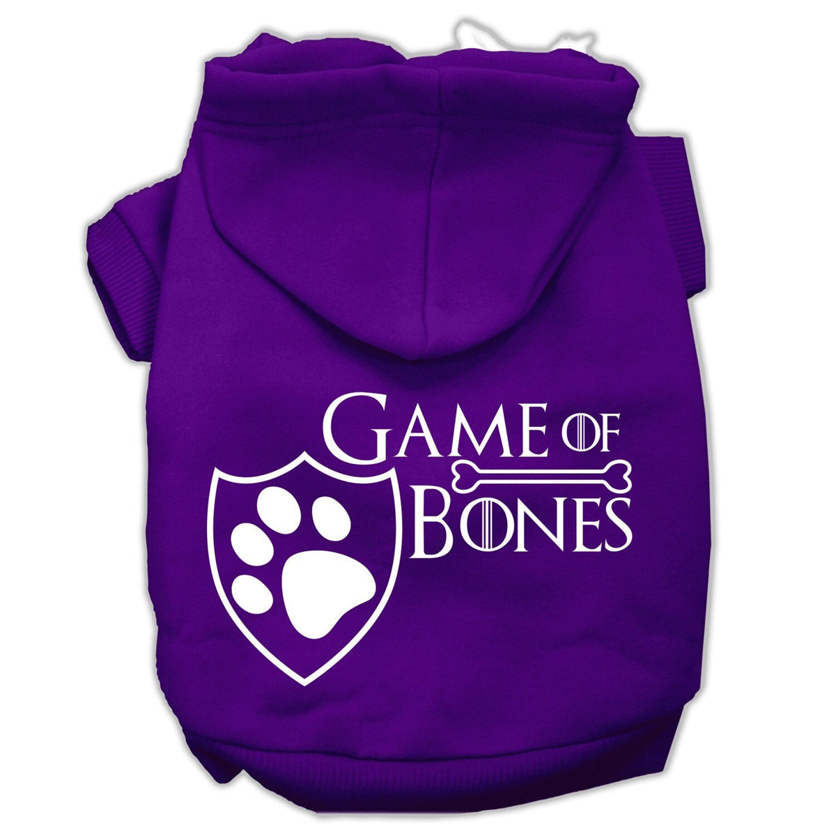 Purple pet hoodie with Game of Bones paw shield logo graphic on chest.