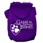 Purple pet hoodie with Game of Bones paw shield logo graphic on chest.