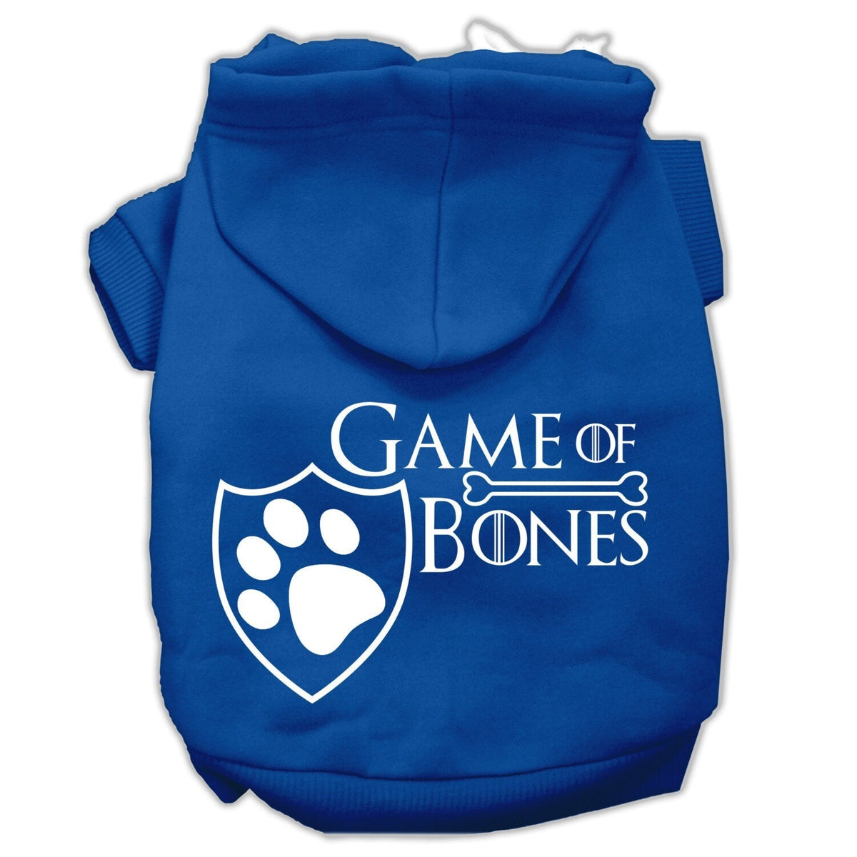 Blue pet hoodie with Game of Bones paw shield logo graphic on chest.