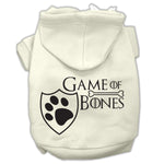Cream pet hoodie with Game of Bones paw shield logo graphic on chest.