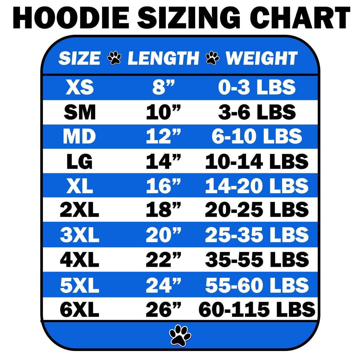 Pet hoodie sizing chart with size, length, and weight ranges from XS to 6XL