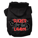 Black pet hoodie with front hood and “SUCKER for the Ladies” graphic print