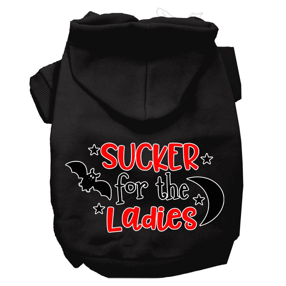 Black pet hoodie with front hood and “SUCKER for the Ladies” graphic print