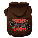 Brown pet hoodie with front hood and “SUCKER for the Ladies” graphic print