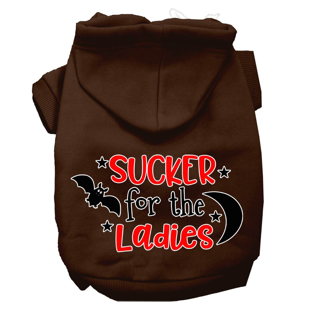 Brown pet hoodie with front hood and “SUCKER for the Ladies” graphic print