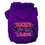 Purple pet hoodie with front hood and “SUCKER for the Ladies” graphic print