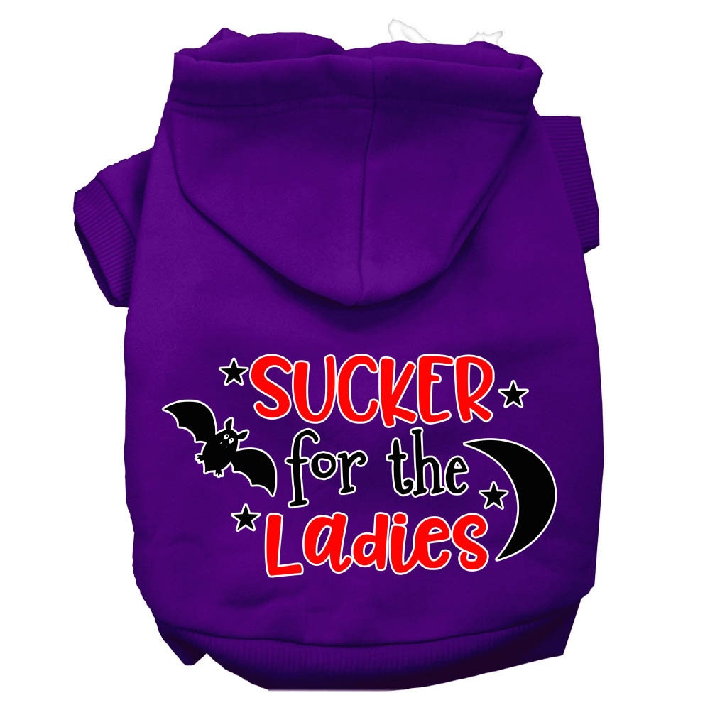 Purple pet hoodie with front hood and “SUCKER for the Ladies” graphic print