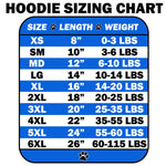 Pet hoodie sizing chart showing size, length, and weight ranges