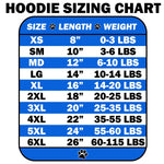 Hoodie sizing chart with size, length, and weight measurements
