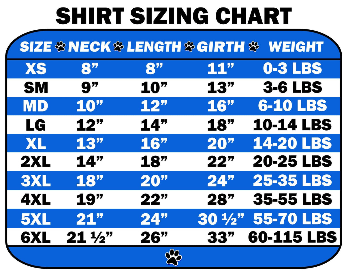 Pet shirt sizing chart with neck, length, girth and weight measurements