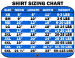 Pet shirt sizing chart with neck, length, girth and weight measurements
