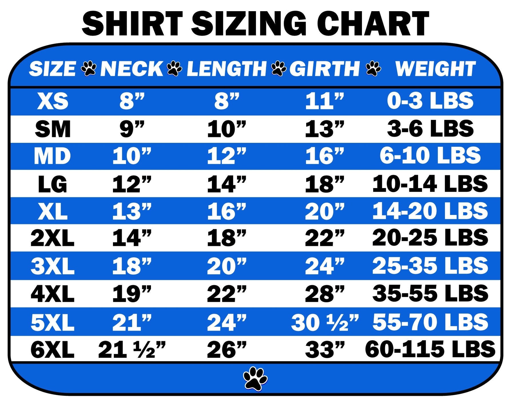 Pet shirt sizing chart with neck, length, girth and weight measurements