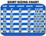Pet shirt sizing chart with size, neck, length, girth, and weight range columns