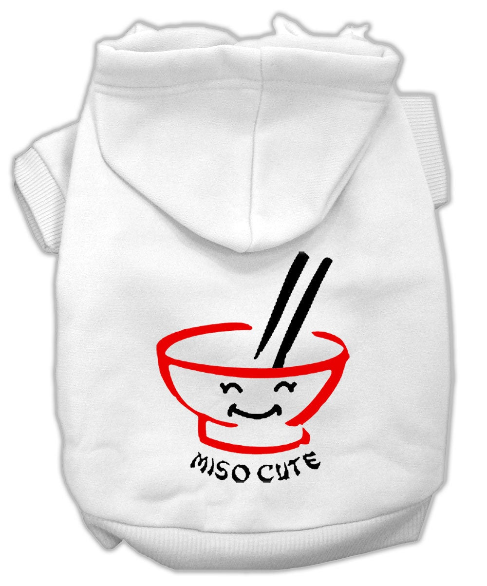 White pet hoodie with hood and front ramen graphic with Miso Cute text