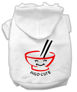 White pet hoodie with hood and front ramen graphic with Miso Cute text