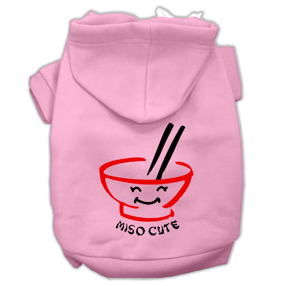 Light pink pet hoodie with hood and front ramen graphic with Miso Cute text