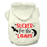 Cream pet hoodie with front hood and “SUCKER for the Ladies” graphic print